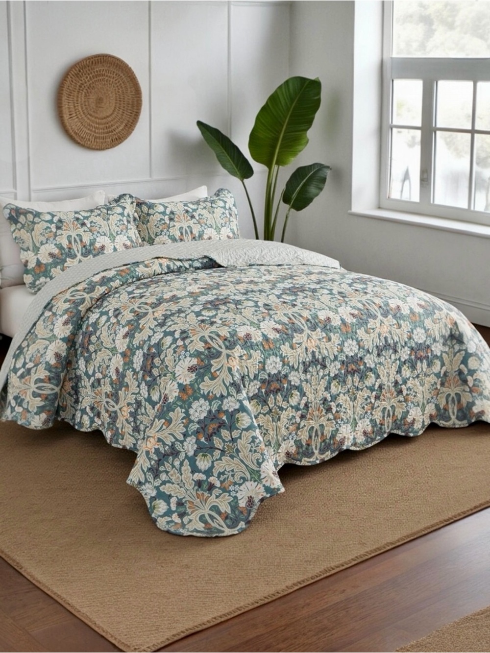 NEW Anthro Teal Floral Reversible Paisley Queen / King Bedding Quilt & Sham Set